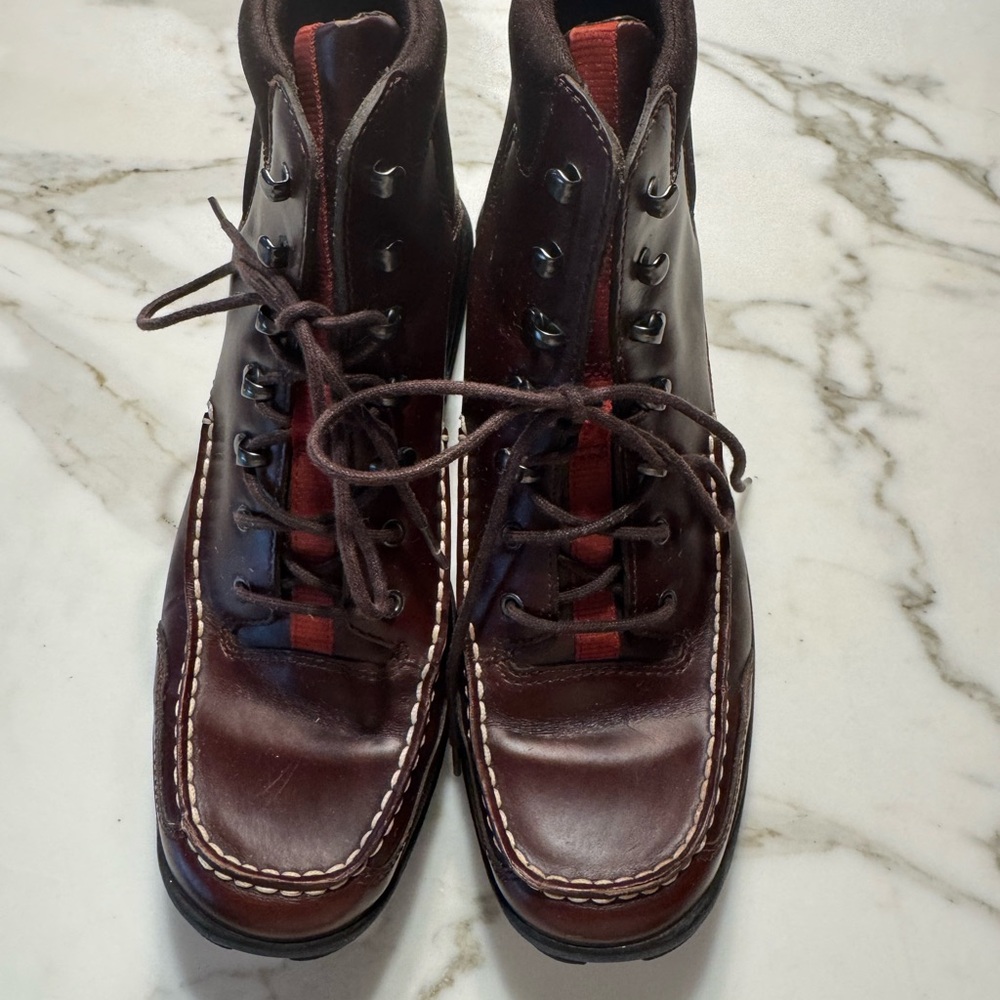 Cole Haan Women’s Dark Brown Leather Lace-Up Boots with Red Accent